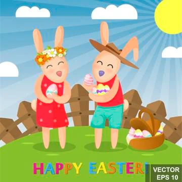 Happy easter. Rabbit. Egg. Cartoon style. Bright. Emotions. For your design Stock Illustration