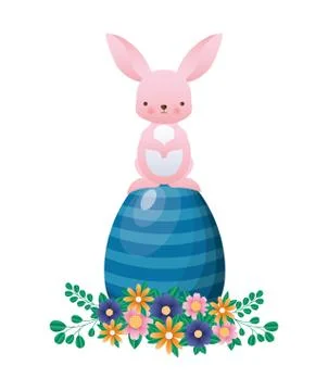 Happy easter rabbit with egg flowers and leaves vector design Stockillustratie