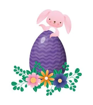 Happy easter rabbit with egg flowers and leaves vector design Illustrazione stock