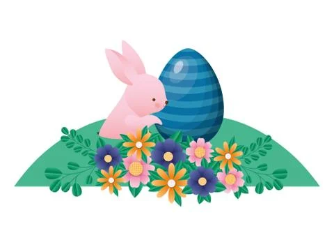 Happy easter rabbit with egg flowers and leaves vector design Illustrazione stock