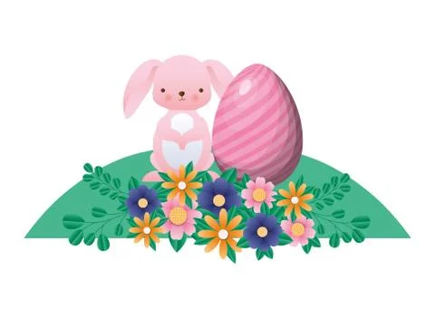 Happy easter rabbit with egg flowers and leaves vector design 스톡 일러스트