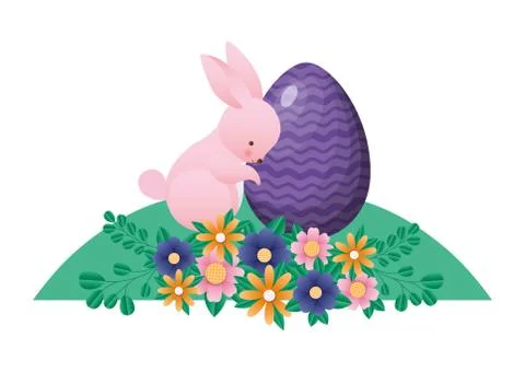 Happy easter rabbit with egg flowers and leaves vector design Stock Illustration
