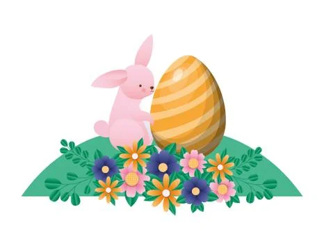 Happy easter rabbit with egg flowers and leaves vector design Stockillustratie