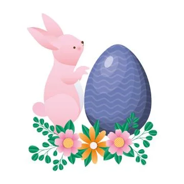 Happy easter rabbit with egg flowers and leaves vector design Illustrazione stock