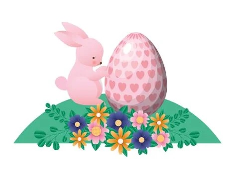 Happy easter rabbit with egg flowers and leaves vector design Stock Illustration