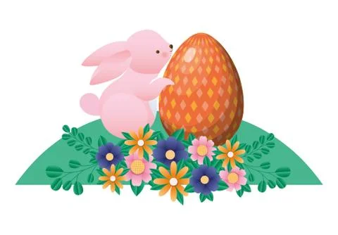 Happy easter rabbit with egg flowers and leaves vector design Stockillustratie
