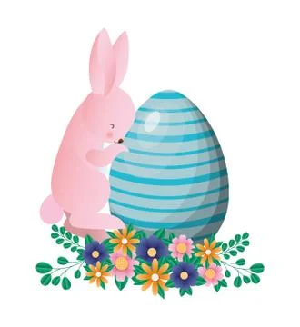 Happy easter rabbit with egg flowers and leaves vector design Stockillustratie