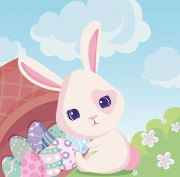 Happy easter rabbit with eggs basket vector design Stockillustratie