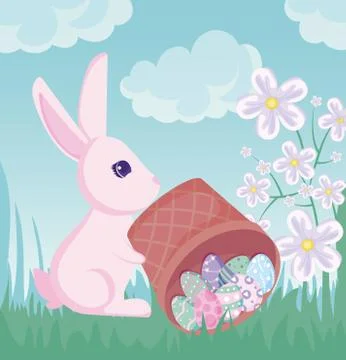 Happy easter rabbit with eggs basket vector design Illustrazione stock