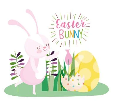 Happy easter rabbit eggshell yellow egg flowers leaves celebration Stock Illustration