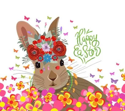 Happy easter with rabbit, flower and butterflies colorful Stock Illustration