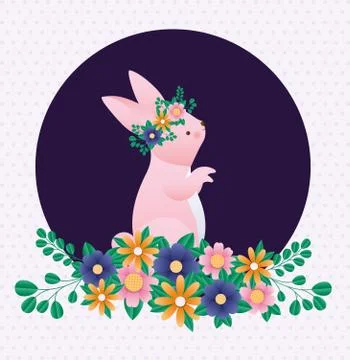 Happy easter rabbit with flowers over pointed background vector design Illustrazione stock