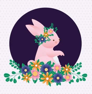 Happy easter rabbit with flowers over pointed background vector design Illustrazione stock