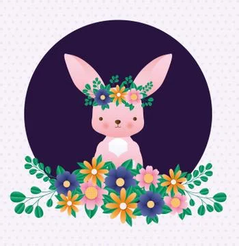 Happy easter rabbit with flowers over pointed background vector design Illustrazione stock
