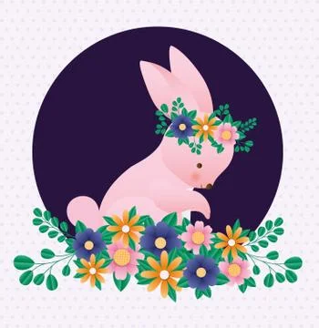Happy easter rabbit with flowers over pointed background vector design Stockillustratie