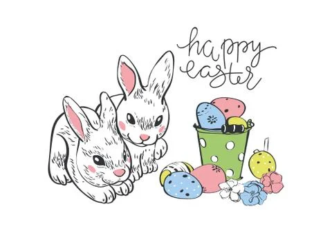 Happy Easter. Rabbit hare bunny and eggs. Hanging painted eggs.Greeting card. Stock Illustration