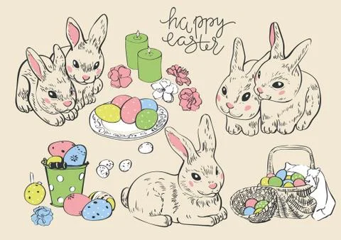 Happy Easter. Rabbit hare bunny and eggs. Hanging painted eggs.Greeting card. Stock Illustration
