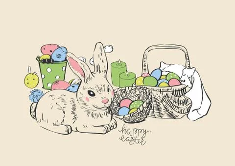 Happy Easter. Rabbit hare bunny and eggs. Hanging painted eggs.Greeting card. Stock-Illustration