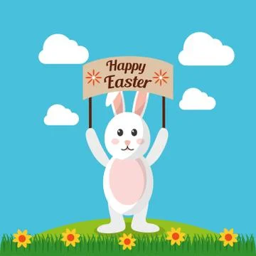Happy easter rabbit holds placard with landscape Stock Illustration