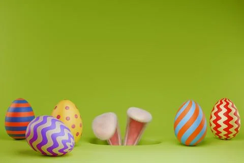Happy easter. Rabbit Hunts for painted eggs. Stock Illustration