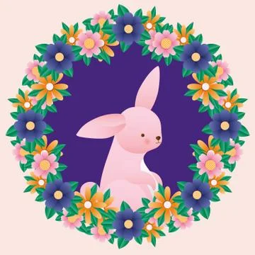 Happy easter rabbit inside crown flowers vector design Illustrazione stock