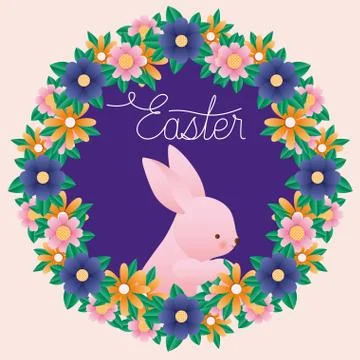 Happy easter rabbit inside crown flowers vector design Illustrazione stock