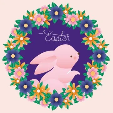 Happy easter rabbit inside crown flowers vector design Illustrazione stock