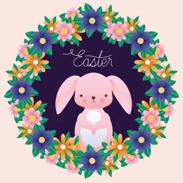 Happy easter rabbit inside crown flowers vector design 库存插图