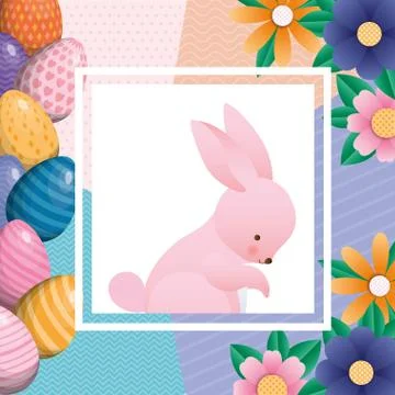 Happy easter rabbit inside flowers and eggs frame vector design Stock Illustration