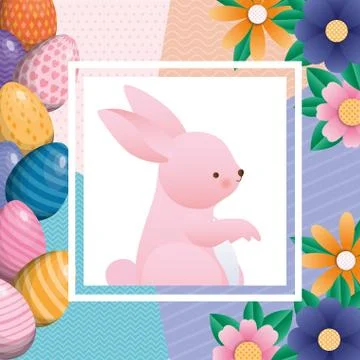 Happy easter rabbit inside flowers and eggs frame vector design Stockillustratie