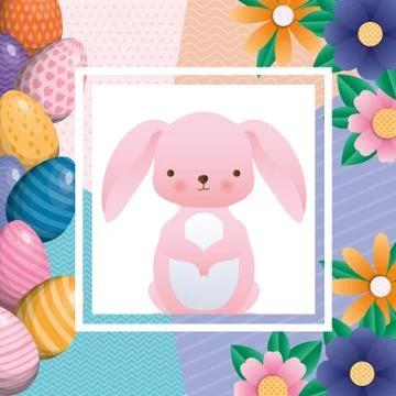 Happy easter rabbit inside flowers and eggs frame vector design Stockillustratie