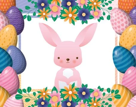 Happy easter rabbit inside flowers and eggs frame vector design 스톡 일러스트