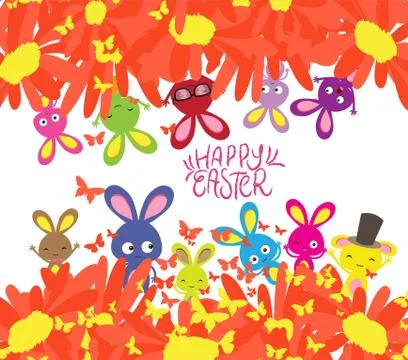 Happy easter with rabbit, sunflowers and butterflies background Stock Illustration