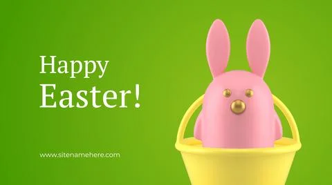 Happy Easter rabbit toy in basket Christianity holiday celebration 3d banne.. Stock Illustration
