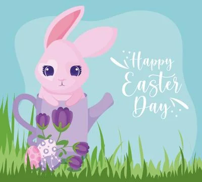 Happy easter rabbit with watering can and eggs vector design Illustrazione stock