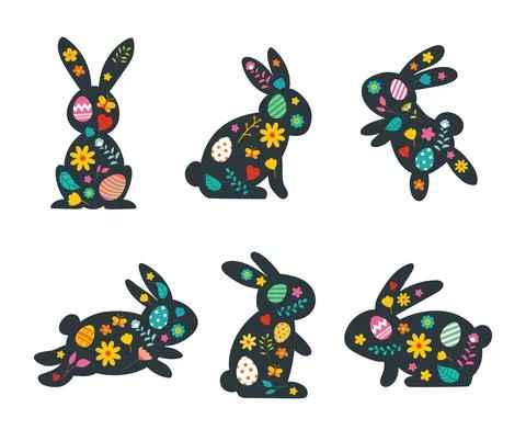 Happy easter rabbits and decorated with flowers. Stock Illustration