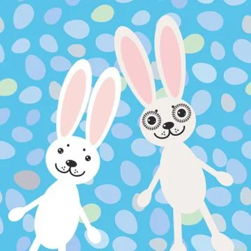 Happy Easter rabbits on blue background card design. vector Stock Illustration