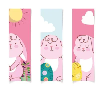 Happy easter rabbits chicken eggs sun cloud nature banners Stock Illustration