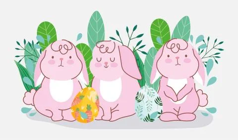 Happy easter rabbits with decorated eggs floral celebration Stock Illustration