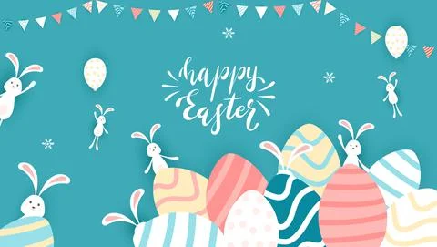 Happy Easter Rabbits with Eggs on Blue Background Stock Illustration