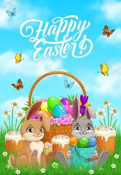 Happy easter rabbits or bunny vector greeting card 스톡 일러스트