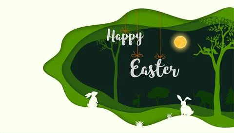 Happy Easter with rabbits on paper art night background Stock Illustration
