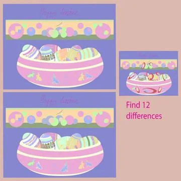 In the Happy Easter rebus for children up to 8 years old, find 12 differences Illustrazione stock