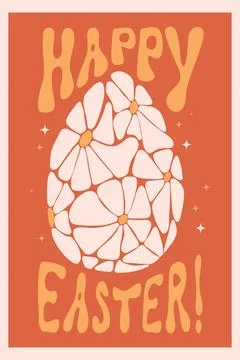Happy Easter retro Postcard. Easter egg from daisy flowers. Vector Illustra.. Stock Illustration