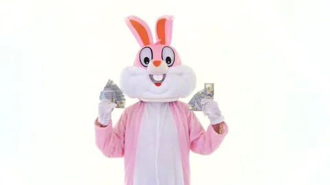 Happy Easter. Rich lucky funny man millionaire businessman holds fan of dollar Vidéo 149344068