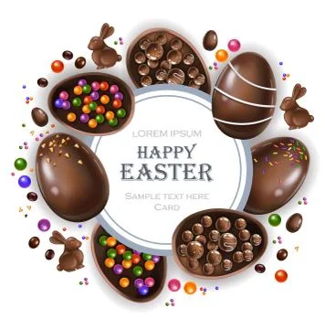 Happy Easter round card with chocolate bunny and eggs. Vector 3d realistic il Illustrazione stock