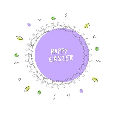 Happy Easter  round flat banner. Handwritten lettering with decorative frame  Stock Illustration