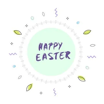 Happy Easter round flat banner. Vivid circle frame with random geometric shap Illustrazione stock