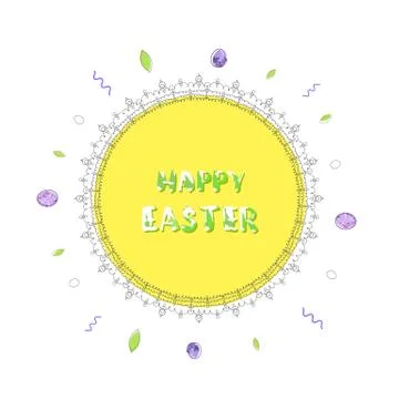 Happy Easter round flat banner. Vivid circle frame with random geometric shap Illustrazione stock