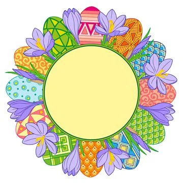 Happy Easter. Round frame made of bright easter eggs and crocus flowers Stock Illustration